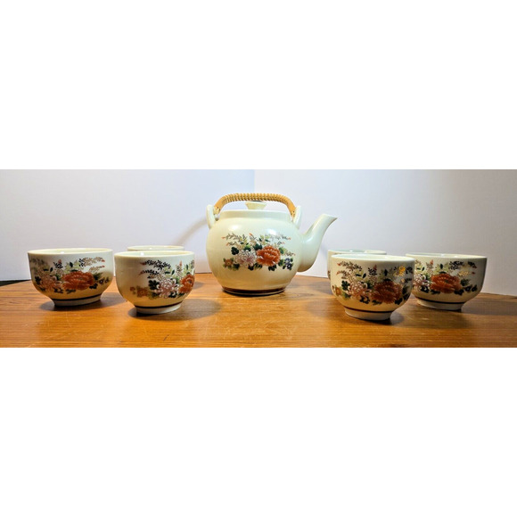 Japan Teapot 6 cups Set White Mod Flower Design Bamboo Handle OMC - Picture 1 of 14